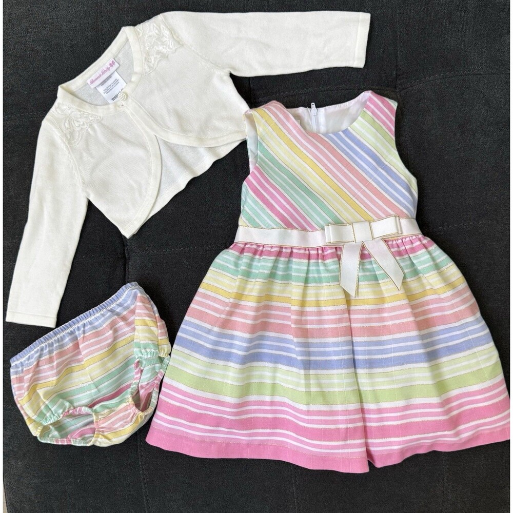 Bonnie Baby Dress/Bloomer/Shrug Matching Set Pastel Pink/Green/Purple/Yellow 24M